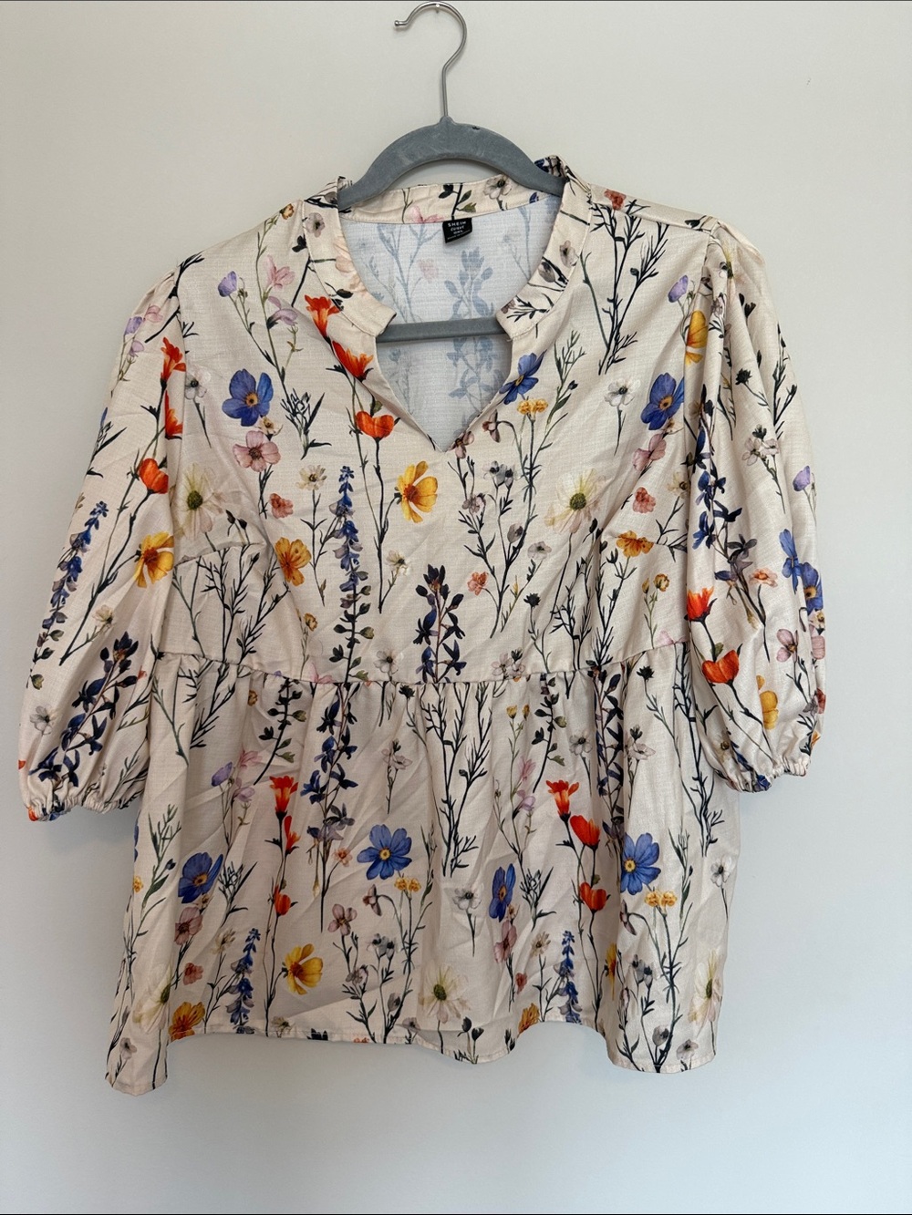 SHEIN Cream Floral Tiered Peasant Blouse with Multicolor Print